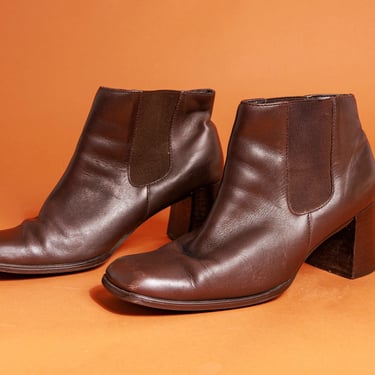 90s Chocolate Brown Leather Chunky Heel Boots Vintage Stretchy Ankle Boots 