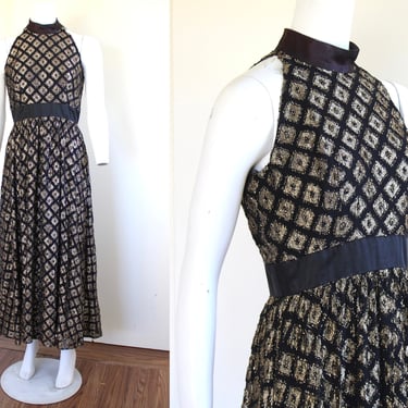 1960s Metallic Gold and Black Silk Chiffon Full Skirt Vintage Formal Maxi Dress 