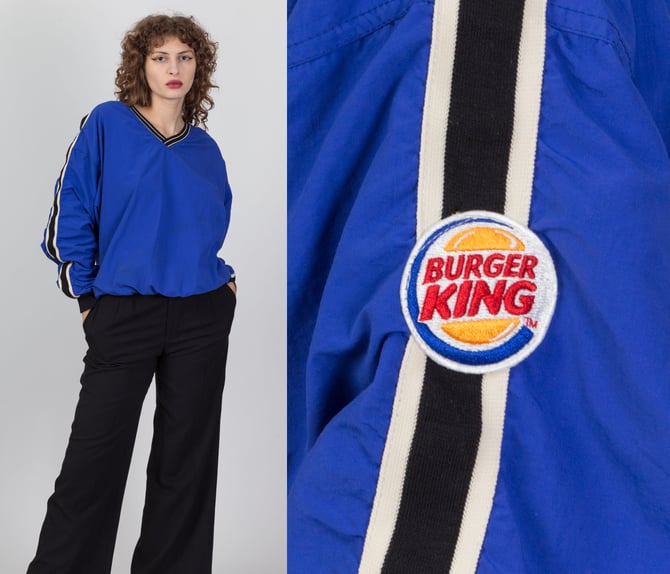 90s Burger King Oversize Windbreaker Pullover - Unisex Medium | Vintage Blue Striped V Neck Sweatshirt 