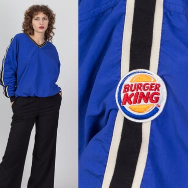 90s Burger King Oversize Windbreaker Pullover - Unisex Medium | Vintage Blue Striped V Neck Sweatshirt 