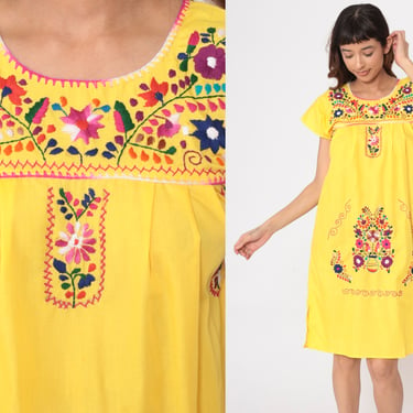 Floral Mexican Dress 90s Yellow Embroidered Midi Dress Hippie Tent Bohemian Puebla Festival Vintage 1990s Cotton Extra Small xs 
