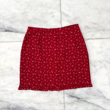 90s Vintage San Francisco Skirt Mini Red Floral Ruffle Hem Sz 9 Boho Cottagecore 