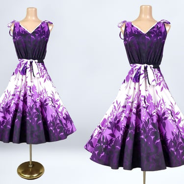 VINTAGE 70s does 50s Purple Hawaiian Full Sweep Sun Dress By Royal Creations Hawaii Sz M | 1970s Aloha Signature Print Pin-up Dress | vfg 