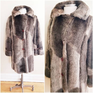 1960s Faux Fur Coat Russel Taylor / 60s Brown Gray Patchwork Themed Button Down Jacket / M / Roberta 