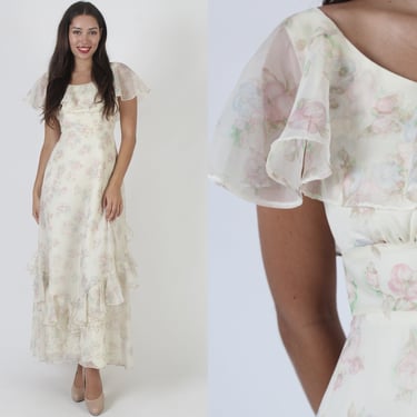 Lorrie Deb 60s Prairie Wedding Dress / Sheer Ivory Floral Chiffon Maxi / Vintage Romantic Ruffle Bridal Gown / Tag Size 9 10 