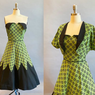 1950's Strapless Dress With Bolero Jacket / Rockabilly Dress / 1950s Fit & Flare Dress / Size Medium Size Large 