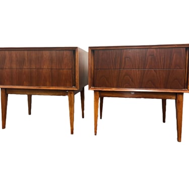 Free Shipping Within Continental US - Vintage Mid Century Modern Walnut End Table Stand Dovetail Drawers Set of 2 