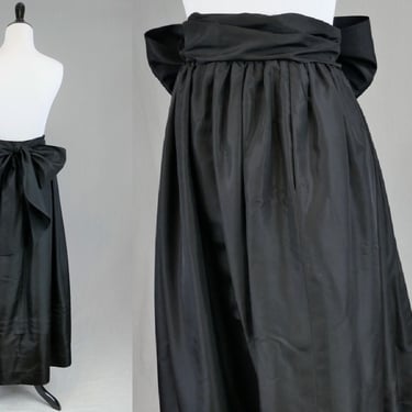 80s Long Black Taffeta Formal Skirt w/ Sash - 30 waist - Big Bow Front or Back - Full Cut - Vintage 1980s - M 