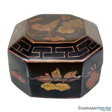 Vintage Traditional Chinese Black Lacquered Bird Motif Trinket Storage Box