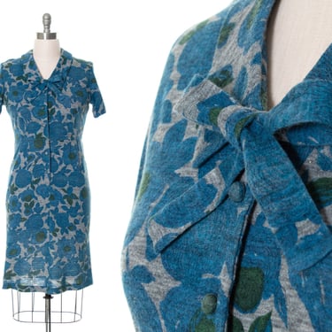 Vintage 1960s Shirt Dress | 60s Floral Cotton Jersey Knit Blue Bow Shirtwaist Wiggle Sheath Day Dress (large) 