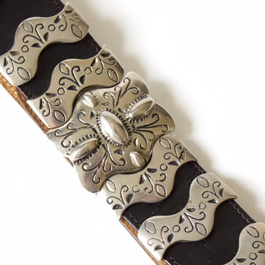 Vintage St. Michael Stamped Metal Western Belt - 1980s Wide Leather Buckleless Belt - Small/Medium 