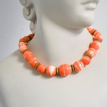 1960s/70s Orange and White Swirled Plastic Bead Necklace 