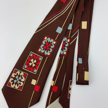 1940's Tie - Quality Silk - ALPERSON'S OMAHA Label - Chocolate Brown with Baby Blue, Red & Cream Accents 