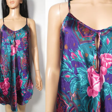 Vintage 80s/90s Jewel Tone Floral Slip Dress Made In USA Size L 