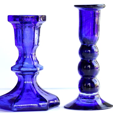 Vintage Cobalt Blue Glass Mismatched Candlestick Holders - Blown and Pressed Glass Pair 