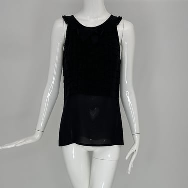 Chanel Boutique Black Lace Bib Front Bow Neck Pleated Sleeveless Top