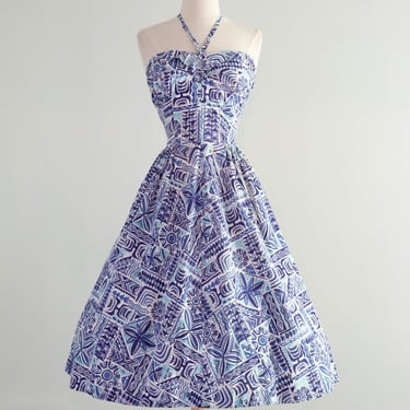 Beautiful Blue 1950's Hawaiian Cotton Halter Neck Dress In Shades of Blue / L AS-IS
