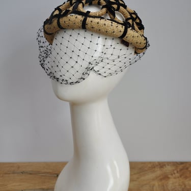 vintage 1940s wicker circles hat with velvet bows 