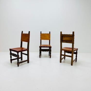 1 of 3 Antique Swedish Folk Art Farm Country Dining Chairs In Pine And Tan Leather  1890s 