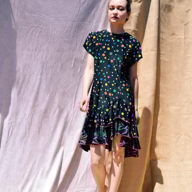 FLIRTY SKIRT Vintage 80s drop waist mixed graphic print dress Neiman Marcus SZ Smal to Medium 