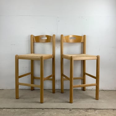 Pair Italian Modern Rope Seat Counter Stools 