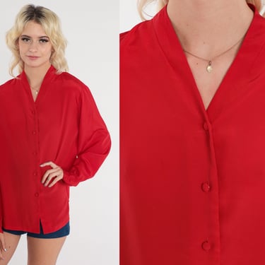 Red Blouse 80s BUTTON UP Shirt 1980s Pendleton Blouse Vintage Plain Simple V Neck Collarless Shirt Retro Long Sleeve Medium 