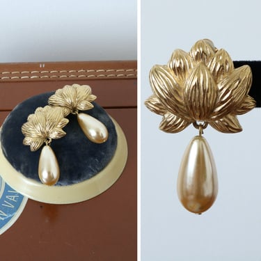 vintage 1990s golden lotus earrings • oversized runway clips with teardrop faux pearls 