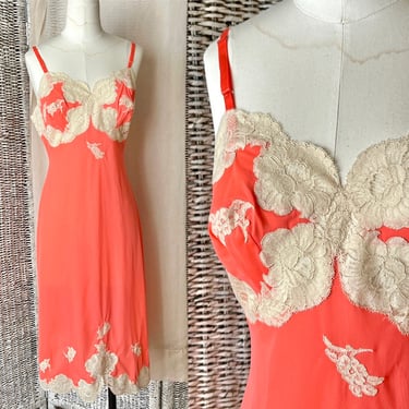 Vanity Fair Slip Dress, Coral Nylon Gown, Slip, Sheer Lace Bodice, Mid Century, Vintage Lingerie 