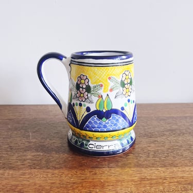 Vintage Mexican Cobalt Blue and Yellow Talavera Large Ceramic Mug 