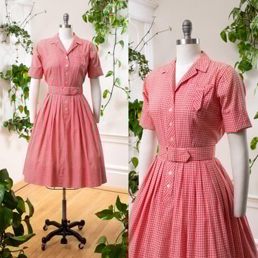 Vintage 1950s Shirt Dress | 50s Red Gingham Plaid Cotton Button Down Fit and Flare Shirtwaist Day Dress | small 