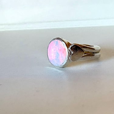 Sterling Silver Signet Ring with Aurora Opal and Heart on the Side 