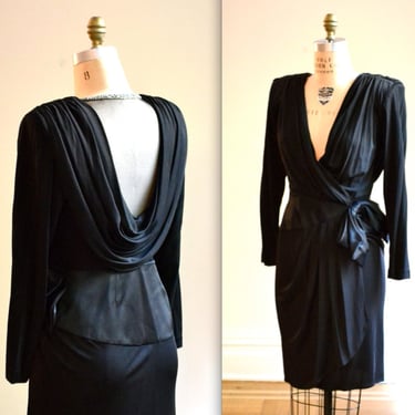 80s does 40s Vintage Black Dress Size Medium// Vintage Black Wrap Dress Cocktail size Medium By Harry Acton for Saks Fifth Avenue 