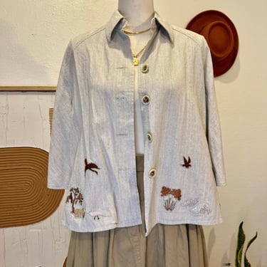 Kantikara Embroidered Forest Animal Woodland Button Front Oversize Shirt M 