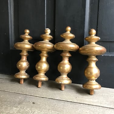 19th C French Wood Finial, Gilded Gesso, Turned Wood, Drapery Rod End, 8 Inch, Tie Back, Architectural, Chateau, Sold by Each, 4 Available 