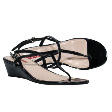 Prada - Black Patent Leather T-Strap Wedge Sandals w/ Ankle Strap Sz 6.5