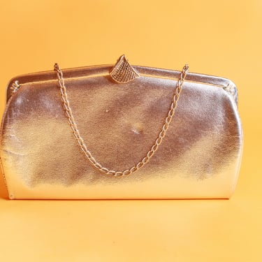 50s Silver Shiny Leather Chain Purse Vintage Metallic Sheen Chain Deco Formal Clutch 