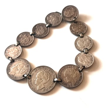 Queen Wilhelmnia Coin Bracelet, Vintage Netherlands Coin Bracelet, Silver Coin Bracelet, Silver Coin Panel Bracelet, 1930s Coin Jewelry 
