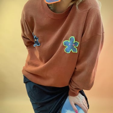 Daisy patch boob sweatshirt, pierced body jewelry sweatshirt, upcycled contrast stitch sweatshirt 