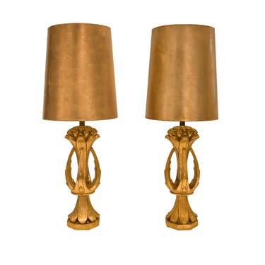 Pair of Sculptural Table Lamps in Gilded Plaster with Gold Leaf Shades 1971