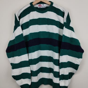 L 90s Isle Of Cotton Sweater Bands diamond Cable Knit Striped Cotton 1990s 1980s Large Green White Outdoors Layering Fall Autumn 