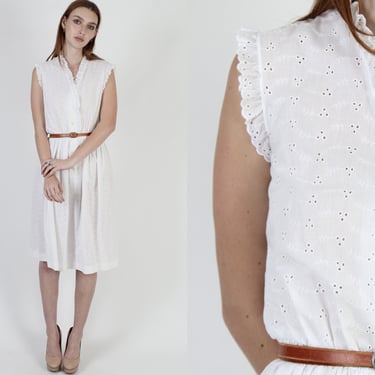Plain White Embroidered Eyelet Mini Dress / Solid Color Tank Sleeves / Vintage 70s See Through Casual Fun Mini Dress 