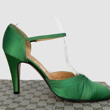 GUCCI Vintage 70s Green Satin Ankle Strap Shoes | 1970s Italian Designer Ankle Strap Stiletto Heels, Made in Italy | Disco Era | Size 35 - 5 