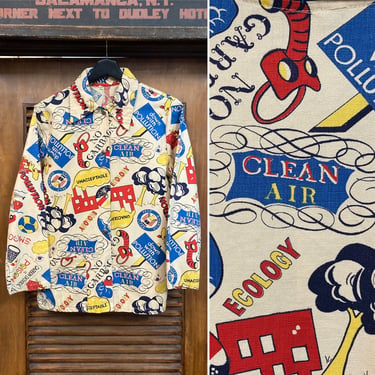 Vintage 1960’s Anti-Pollution Cartoon Pop Art Hippie Mod Jacket, 60’s Chore Coat, 60’s Work Jacket, Vintage Clothing 