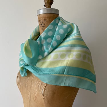 Vintage 1970’s silk scarf, sea green and pale lime, fantastic colorway | polka dot & stripes, hand rolled edges 