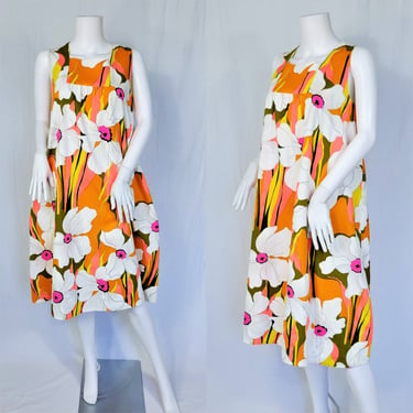 Volup 1960's Orange White Bold Floral Print A Line Short Muumuu Dress I Sz Lrg I Barkcloth I Hawaiian 