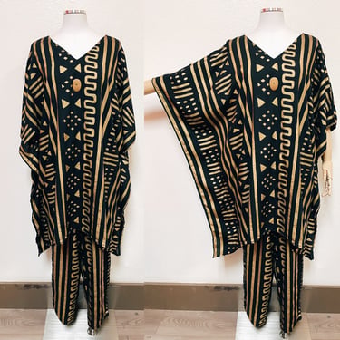 1980s Black & Shimmer Gold Tribal Print Two Piece ONE SIZE Outfit by Shermarke | Vintage, Vacation, Travel, Comfy, Loungewear, Tribal, Retro 
