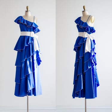 blue ruffled gown 70s 80s vintage one shoulder tiered formal dress 