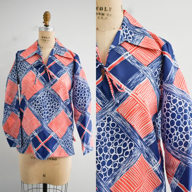 1970s Red, White, and Blue Geometric Print Blouse 