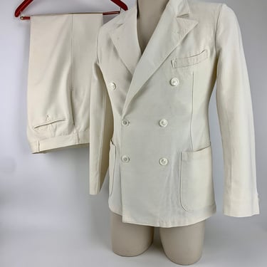 1930's Double Breasted Linen Suit - Peak Lapels - Patch Pockets - Flat front Button Fly Trousers - Men's 38 Reg 31 Inch Waist 