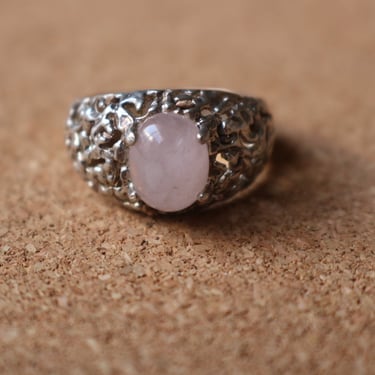 70's Sterling Ring / Silver Brutalist Ring with Pink Quartz / Size 9 